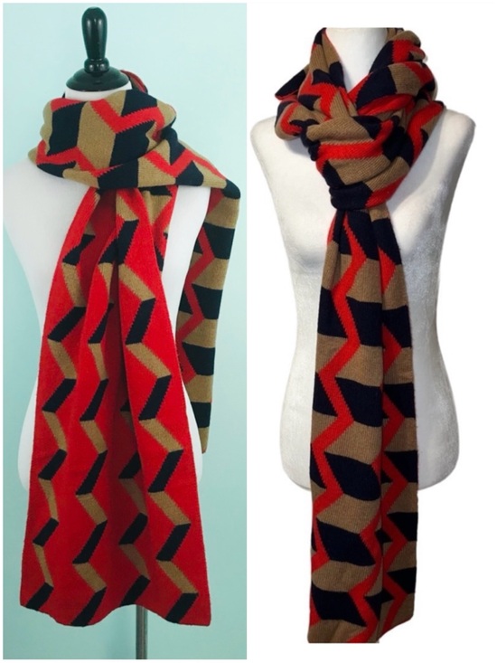 J. Crew Accessories - J. Crew Chevron and Stripe Red, Tan & Navy Geometric Knit Scarf